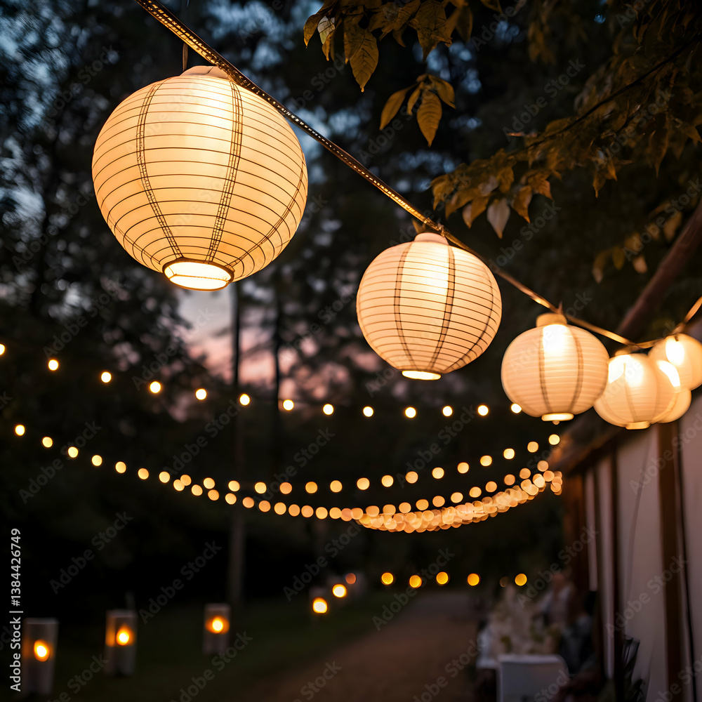 Obraz premium String of glowing lanterns hanging across the wall