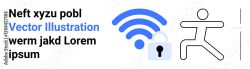 Abstract figure running beside a secured wireless symbol with a lock. Ideal for technology, network security, digital connection, privacy, data protection, remote work, and a simple landing page