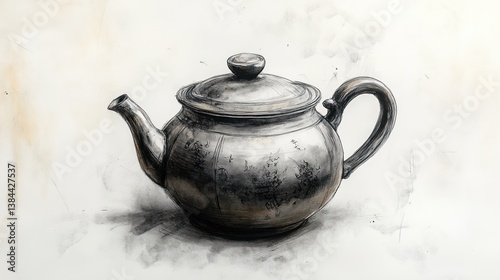 Detailed Charcoal Drawing of a Teapot on Textured Paper