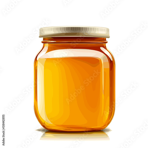 Honey Jar with Reflection on a White Background  