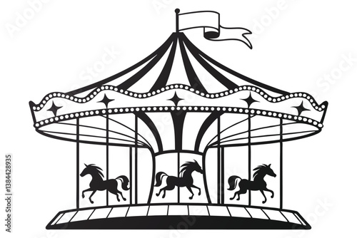 Colorful vintage carousel at the carnival with flags, clowns, and a festive atmosphere in the park under a bright sky