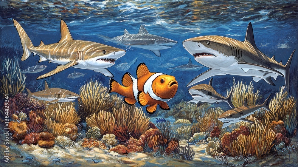 Fototapeta premium Sharks and Clownfish in Coral Reef