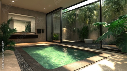 Modern tropical indoor pool bathroom with lush greenery and glass walls. Tranquil oasis