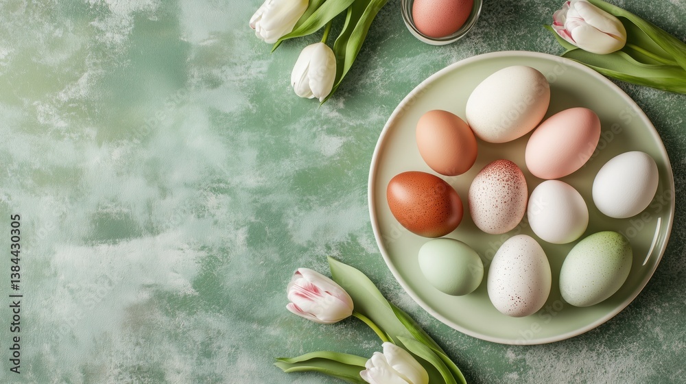 Easter colorful eggs in plate on green textured background, surrounded by white tulips. Holiday decor scene perfect for wallpaper, poster, banner, showing egg, flower, spring elements. Easter colorful eggs in plate on green textured background, surrounded by white tulips. Holiday decor scene perfect for wallpaper, poster, banner, showing egg, flower, spring elements.