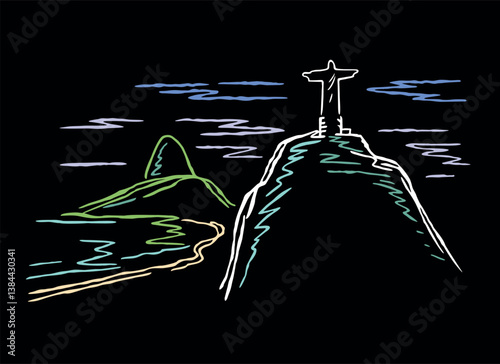 Aerial landscape illustration of the city of Rio de Janeiro, Brazil. Art in free and stylized lines.