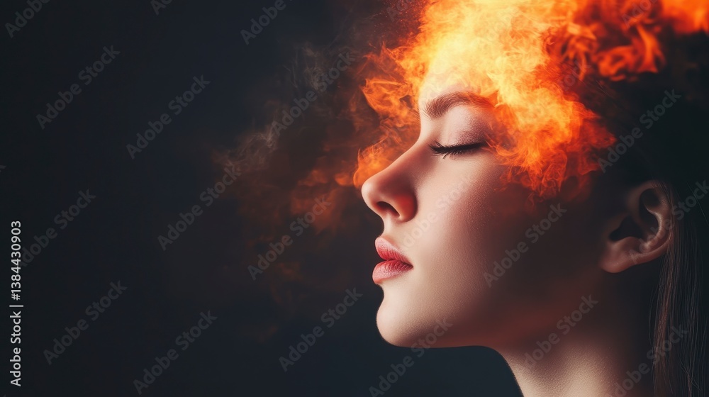 Burning Thoughts: A woman's profile, eyes closed, as flames erupt from her mind, visualizing internal struggle and intense emotions. Burning Thoughts: A woman's profile, eyes closed, as flames erupt from her mind, visualizing internal struggle and intense emotions.