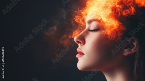Burning Thoughts: A woman's profile, eyes closed, as flames erupt from her mind, visualizing internal struggle and intense emotions.