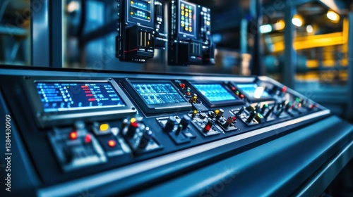 Industrial control panel with multiple digital displays and controls.