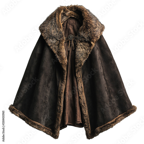 Brown Cape with Faux Fur Collar Isolated on Transparent Background
