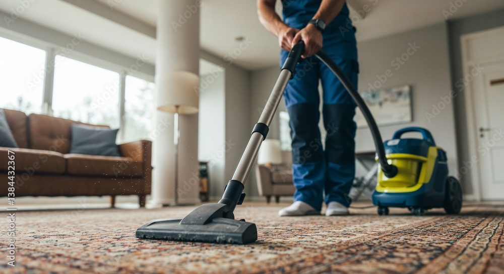 Fototapeta premium Person vacuuming carpet in modern living room 