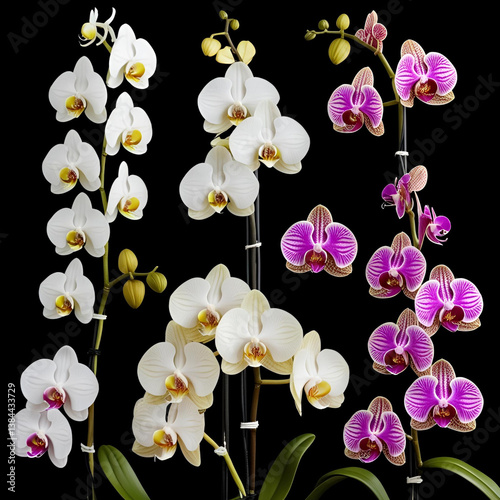 Orchid varieties displayed against black background, fine art botanical photography style