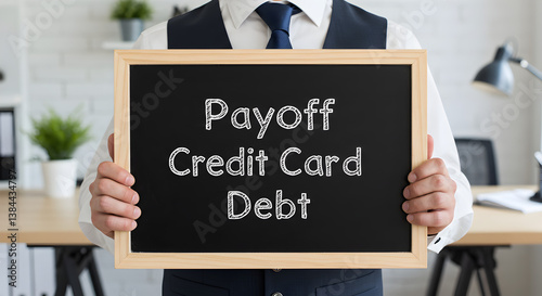 Businessman Holding Blackboard with Payoff Credit Card Debt in Bright Office Environment