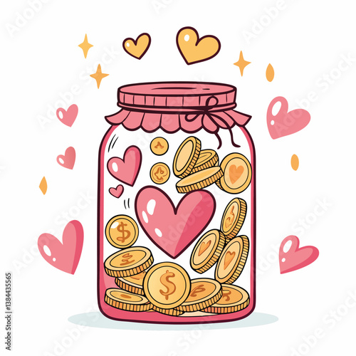 Create a bold, vector illustration of a crowdfunding jar, emphasizing its fullness.  Include a single coin visibly added.