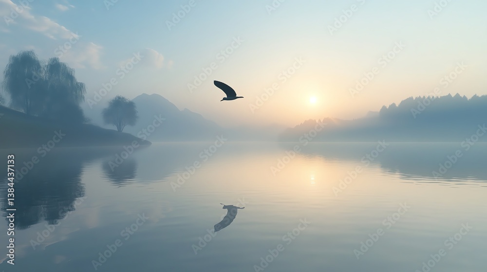 Fototapeta premium Serene lake at sunrise with tranquil reflection.
