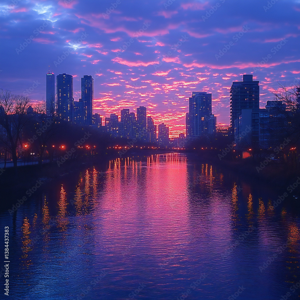 Fototapeta premium A picturesque skyline reflecting on a river at dusk, with a soft pink and purple sky overhead