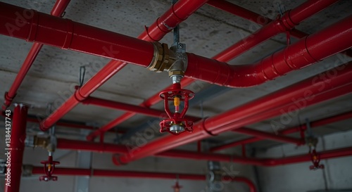 A network of bright red sprinkler pipes and sprinkler heads are installed on the ceiling, ensuring safety against potential fire hazards.