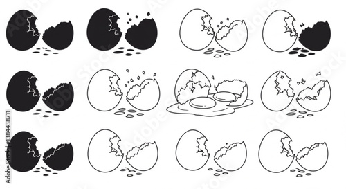 Set of broken eggs icon. Black and outline shapes of cracked egg. vector set