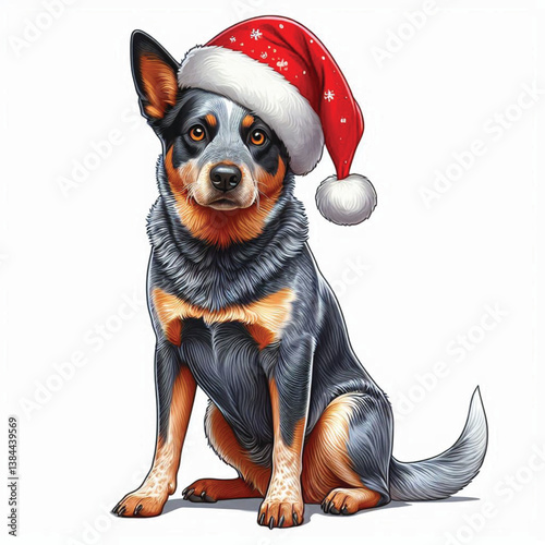 Cute Christmas Santa hat Cartoon Australian Cattle Dog Vector Illustration isolated