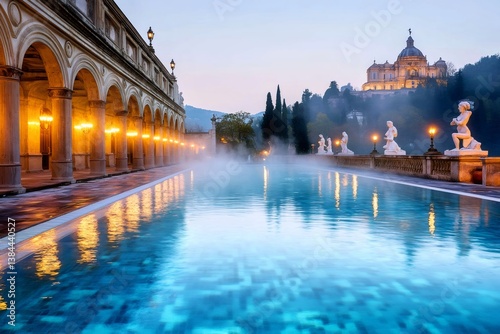 Terme di San Giovanni steaming thermal pool at sunrise with Sanctuary of Oropa in background