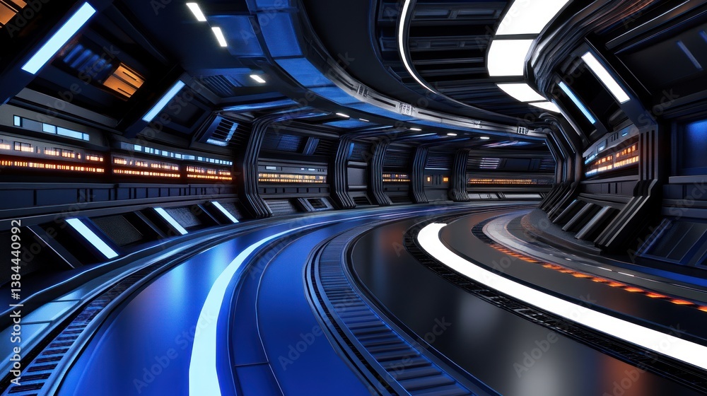 Fototapeta premium Futuristic tunnel interior, glowing blue lights