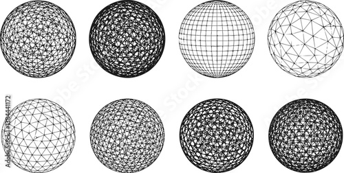 Wireframe sphere set isolated. Striped 3D balls, geometry globe grid collection in different positions. vector set