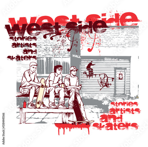 Vector illustration of skateboarders in cartoon style, in stripped strokes with urban themed background and text.