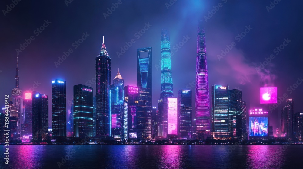 Fototapeta premium Neon Shanghai Skyline at Night
