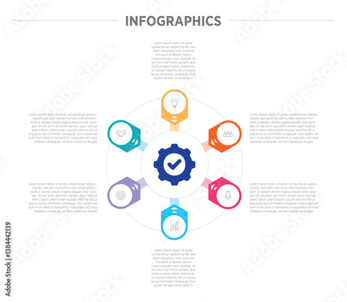 Business Colorful Infographics template. 6 steps rounded timeline with options and marketing icons .Vector rounded infographic with six circle connected elements. Design can be use for presentation.