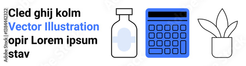 Medical vial, digital calculator, and potted plant aligned for professional and conceptual themes. Ideal for healthcare, finance, workplace, budgeting, education, pharmacy or a simple landing page