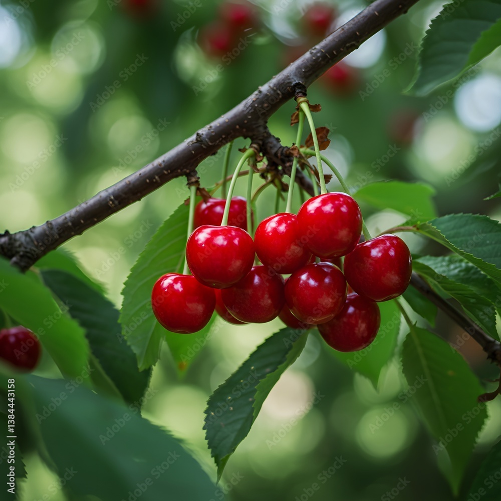 lush green leaves, bokeh background, selective focus, natural light, orchard setting, summer harvest, fresh fruit, Delicious ripe red cherries hanging on a branch in an orchard, ready for harvest
