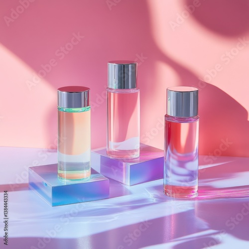 Elegant presentation of cosmetic bottles with soft pink background gradient