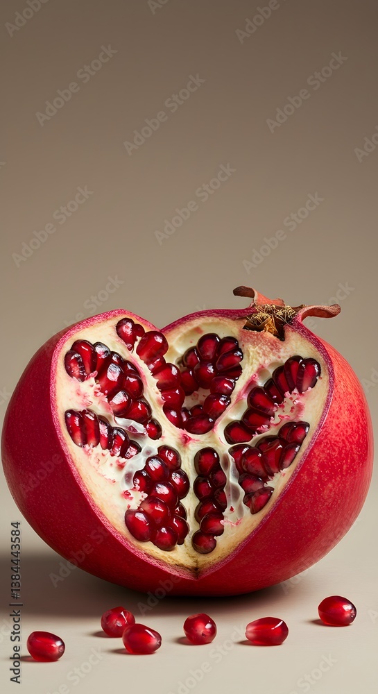 vibrant red seeds, textured fruit skin, Fresh pomegranate fruit cut open, exposing juicy, glistening arils, ready to be enjoyed, pomegranate, split open,