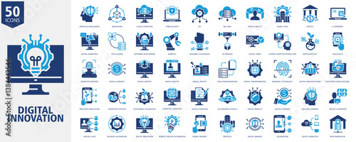Digital Innovation Icon Set duo tone Style with artificial intelligence, blockchain, cloud computing, cyber security, iot, big data, virtual reality, smart cities, fintech and e commerce
