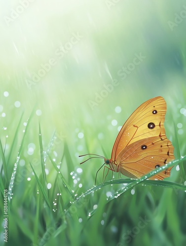 A vibrant butterfly perched on dewy grass
