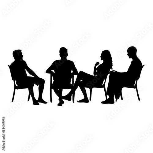 Silhouette of four people chatting in chairs.A silhouette of four people sitting in chairs, likely outdoors.