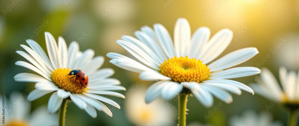 Ladybug Resting on White Daisy Petals: A Delightful Encounter in Nature.advertisement, banner, card,copy text space.Generated by AI. Ladybug Resting on White Daisy Petals: A Delightful Encounter in Nature.advertisement, banner, card,copy text space.Generated by AI.
