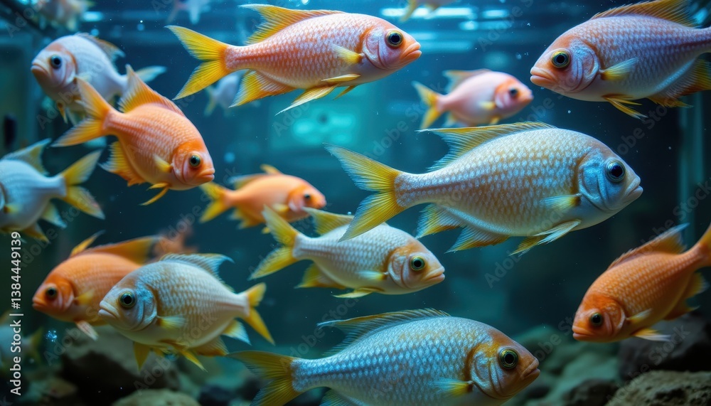 Fototapeta premium A vibrant and eclectic array of fish gracefully glide through the crystal clear waters of a transparent fish tank