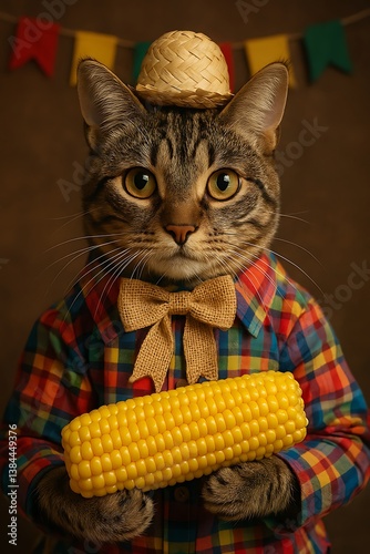 Festive Feline: A charming tabby cat adorned in a festive outfit, complete with a miniature straw hat and bow tie, holding a vibrant ear of corn. A scene filled with playful and cheerful spirit.