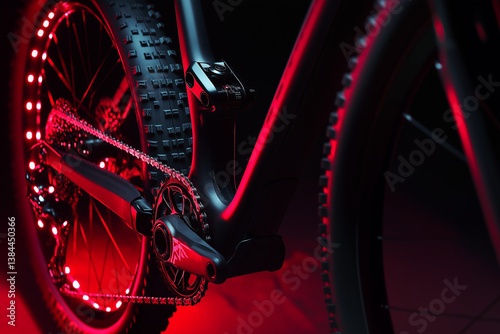 Mountain Bike Closeup Red LED Lights, Chain, Crankset, Tires
