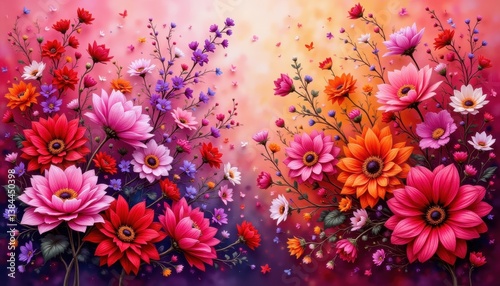 The vivid and vibrant floral oil painting depicts a variety of flowers in full bloom
