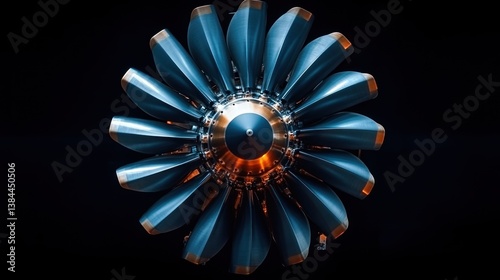 Close-up of a turbofan engine's fan blades against a black background.