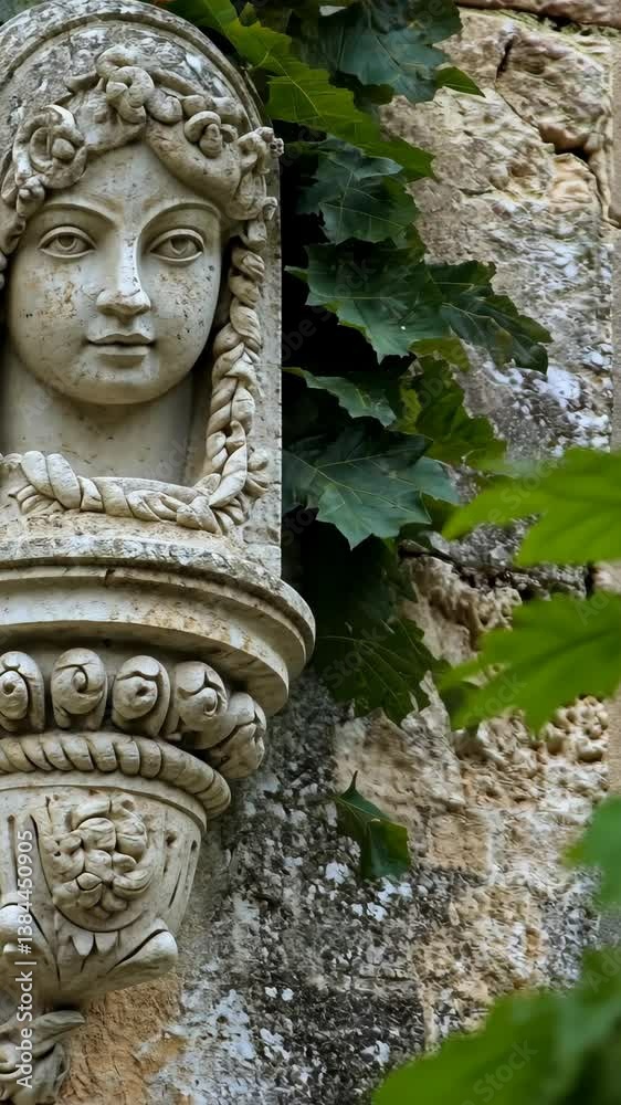Intricate stone sculpture adorned with ivy on an ancient wall showcasing historical craftsmanship Intricate stone sculpture adorned with ivy on an ancient wall showcasing historical craftsmanship