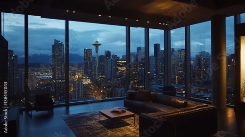 Luxurious penthouse apartment in Seattle overlooking the cityscape at dusk