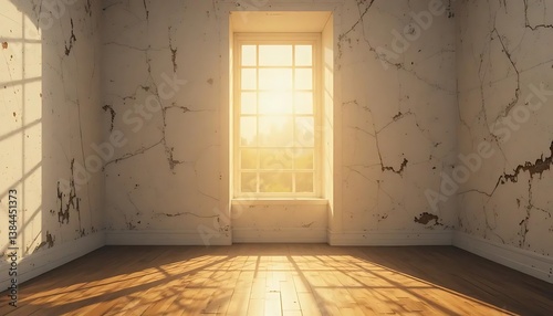 Sunlit room featuring weathered walls  a view-framing window  and wood floor