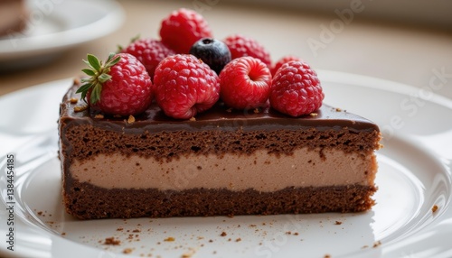 Obraz na płótnie A decadent slice of rich, creamy chocolate cake layered with smooth ganache, topped with edible gold flakes and fresh berries w salonie