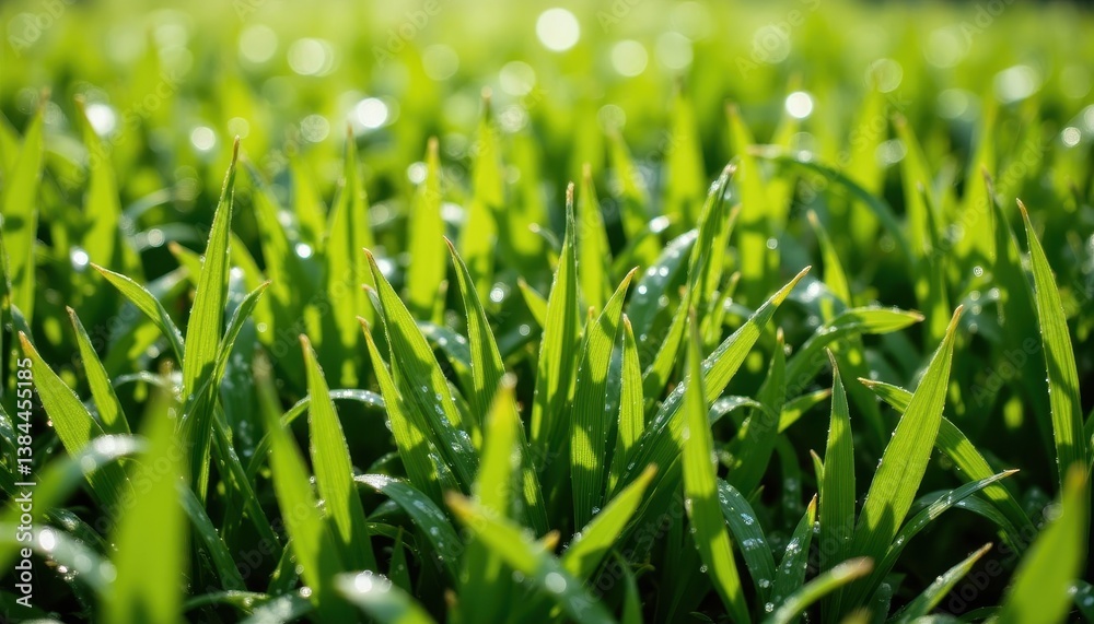 Obraz premium The vibrant green grass blades glisten in the sunlight as each delicate blade is adorned with sparkling water droplets