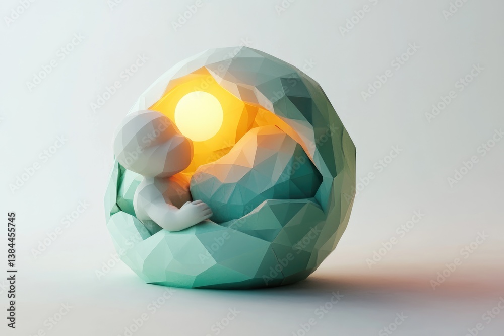A low-poly baby figure emerges from a teal egg, bathed in warm light.