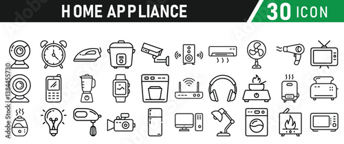Home Appliances collections icons set. Contains Home appliances, refrigerator, washing machine,  television, air conditioner and household. Vector illustration collection