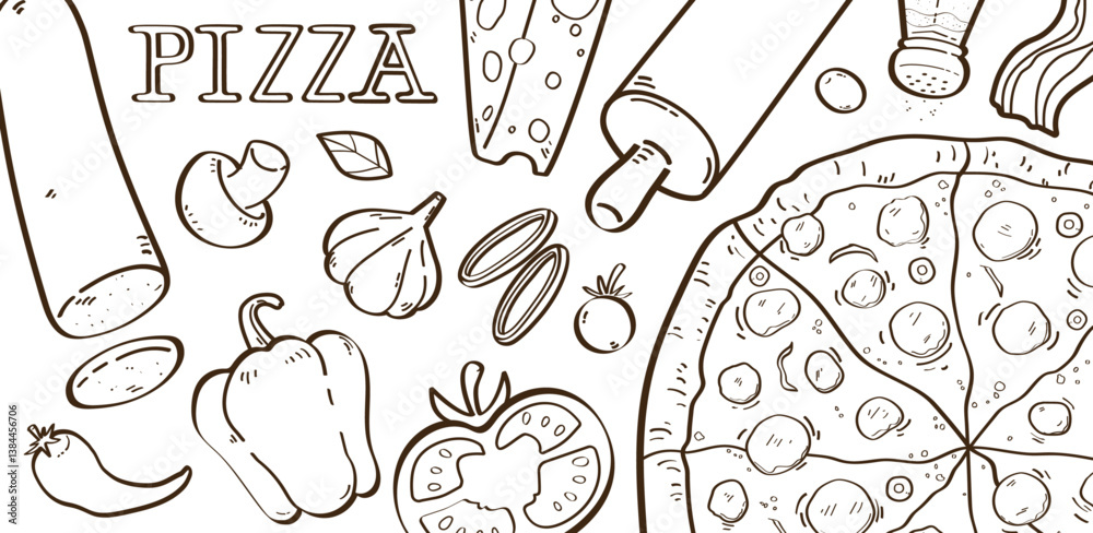 Ilustración decorativa dibujada a mano de pizza, sus ingredientes tradicionales y elementos relacionados. Vector