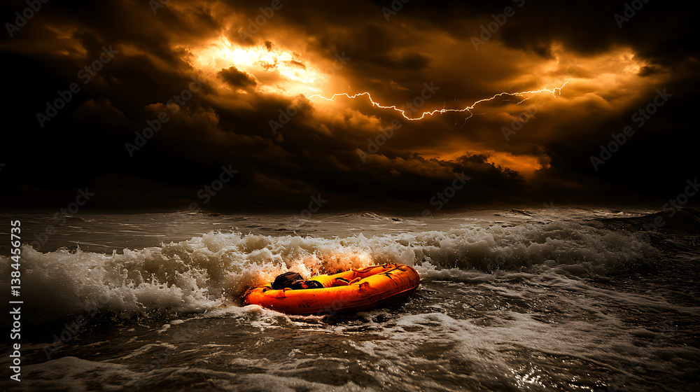 Fototapeta premium Person In Orange Boat Struggles Against Rough Water Under Stormy Dark Sky During Disaster
